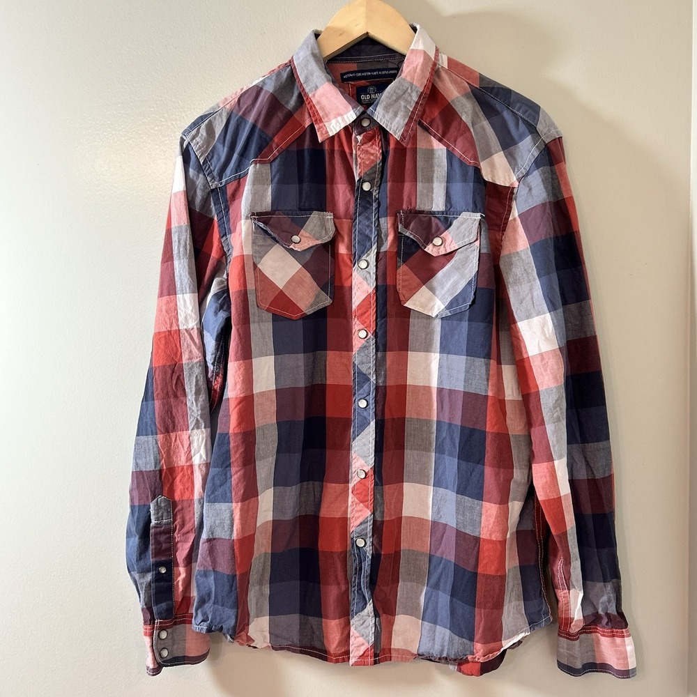 Old Navy Shirt Men's Large Red Blue Plaid Pearl Snap Long Sleeve Western Casual